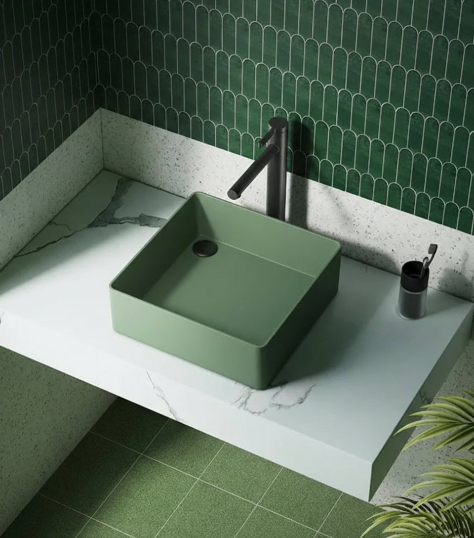 Jungle Square – Lavabo de encimera de cerámica verde (38×38 cm)