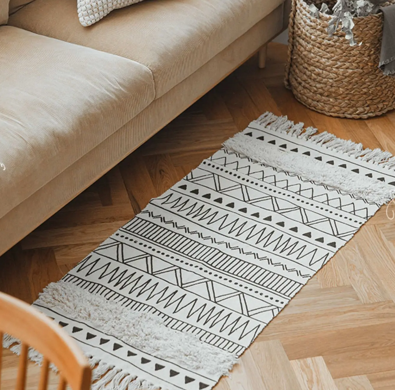 Nórdica Geo — Alfombra tufted de algodón con flecos (antideslizante)