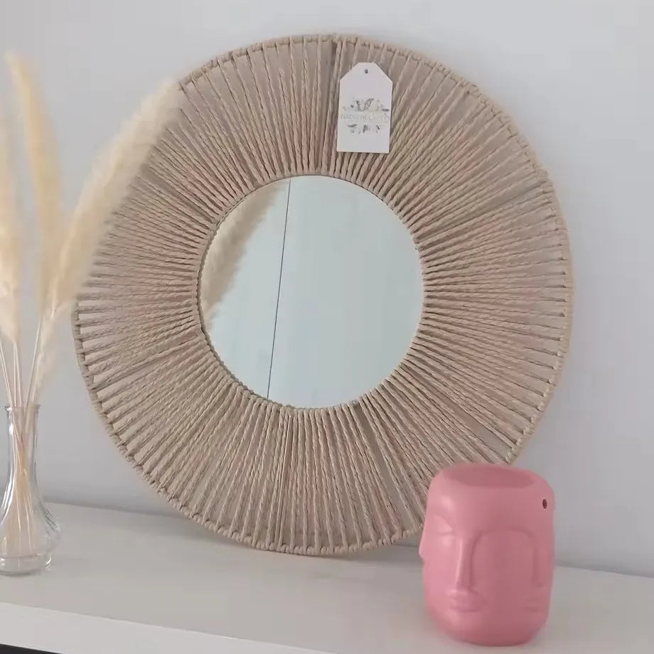Caren — Espejo redondo de rafia natural (Ø50 cm)