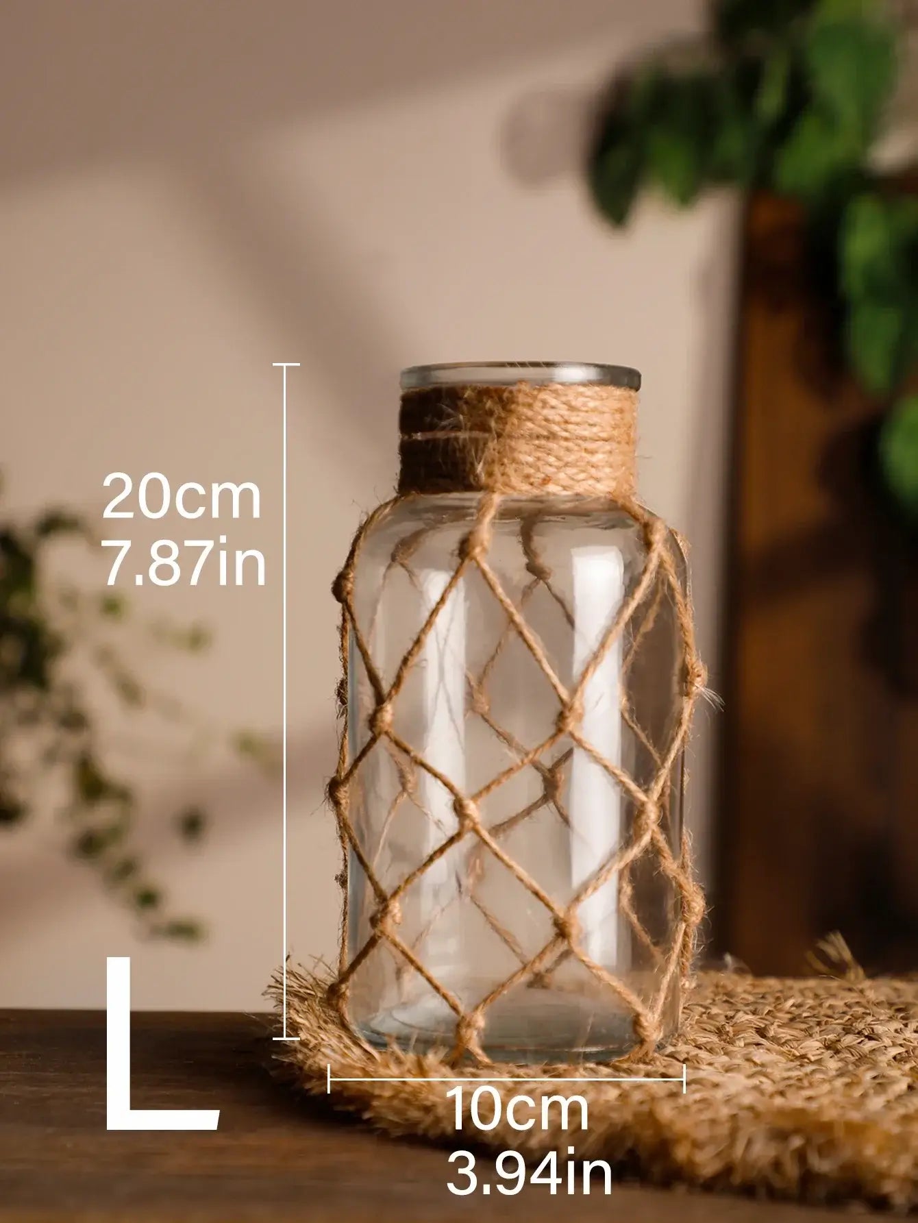 Nudo Boho — Jarrón de vidrio con malla de cuerda