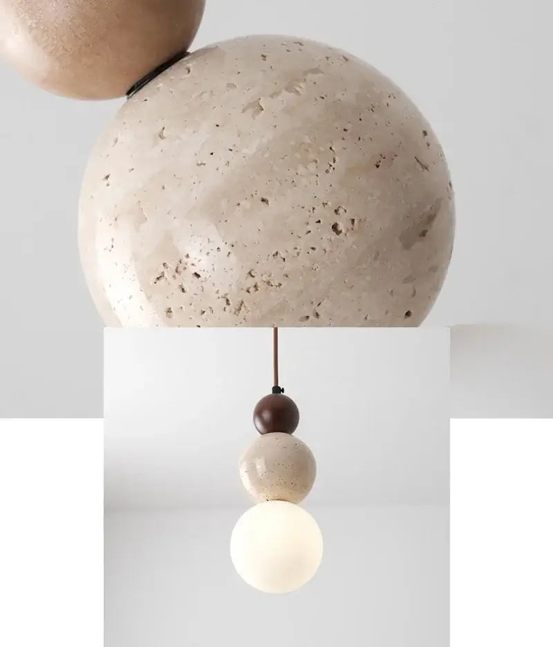 Orbe Terra — Lámpara colgante de travertino, madera y vidrio