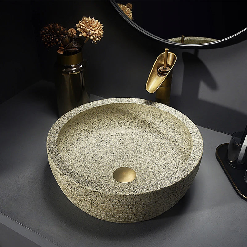 Mate Piedra — Lavabo de encimera redondo de cerámica efecto piedra (Ø40 cm)