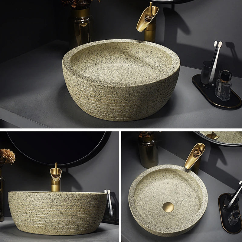 Mate Piedra — Lavabo de encimera redondo de cerámica efecto piedra (Ø40 cm)