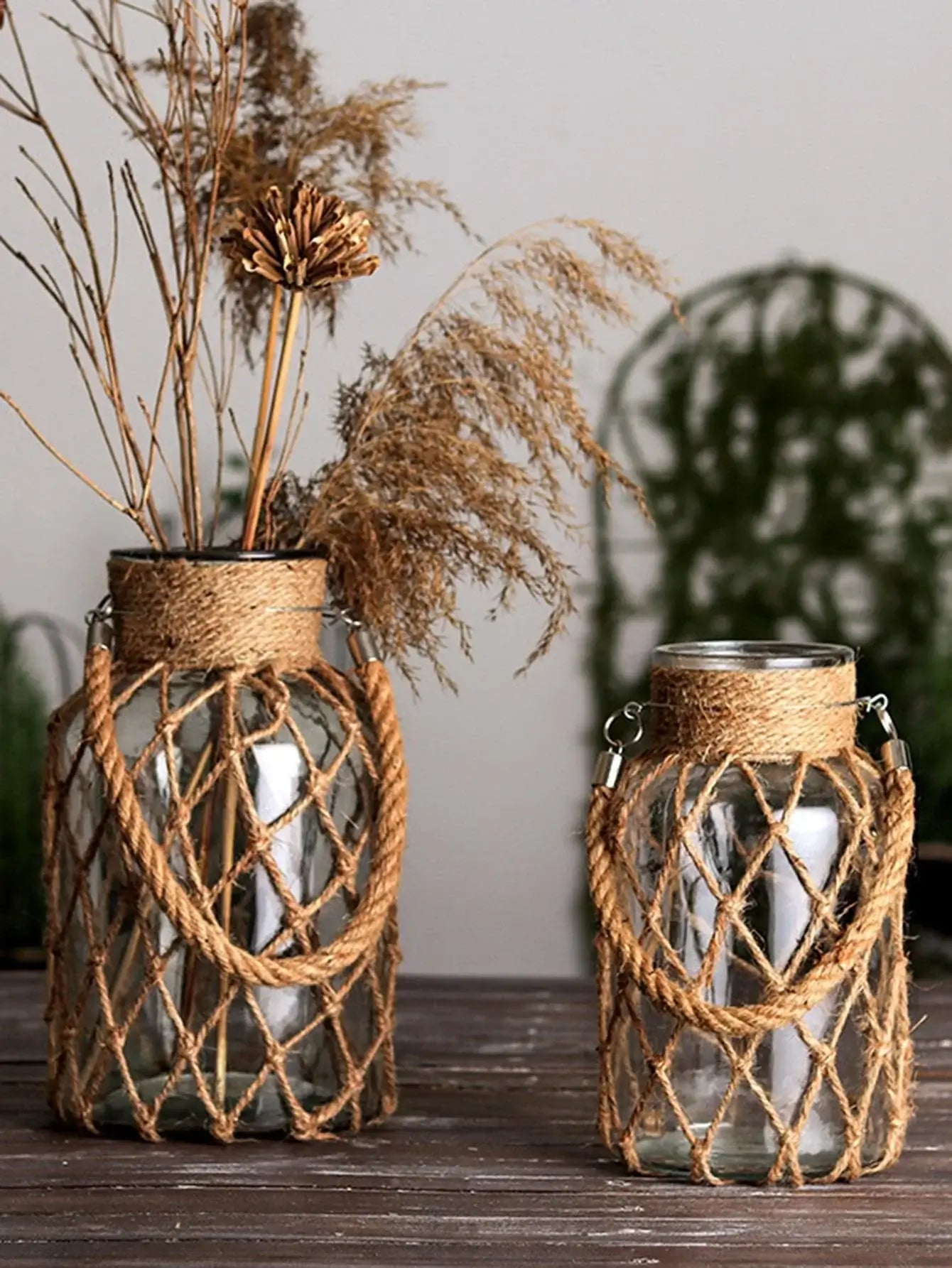 Nudo Boho — Jarrón de vidrio con malla de cuerda