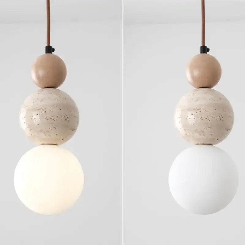 Orbe Terra — Lámpara colgante de travertino, madera y vidrio