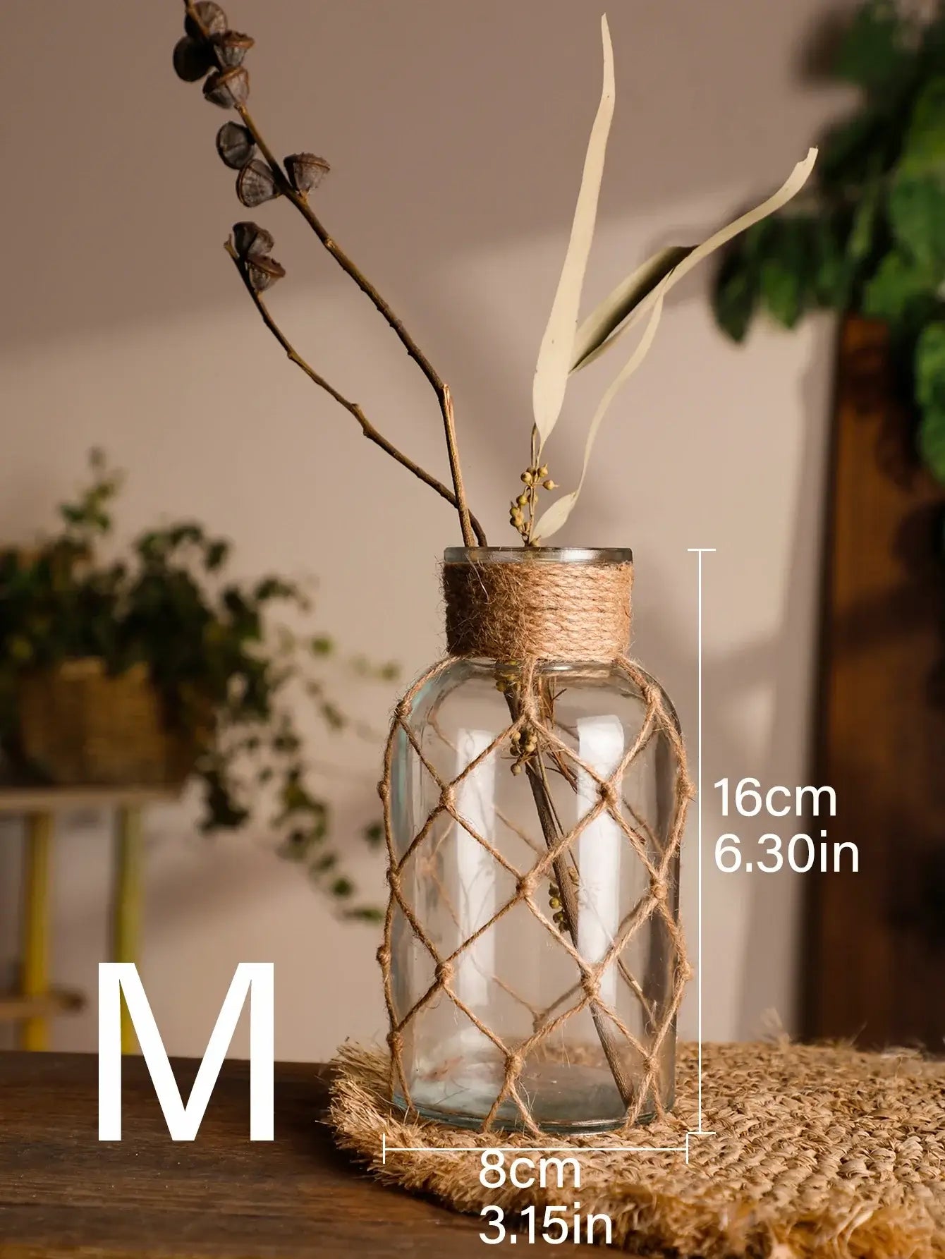 Nudo Boho — Jarrón de vidrio con malla de cuerda