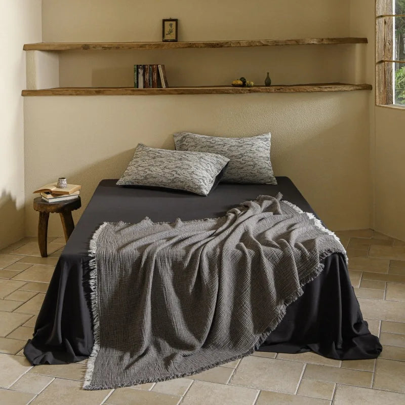 LinoSoft Gris — Manta de algodón & lino con flecos 130×170 cm