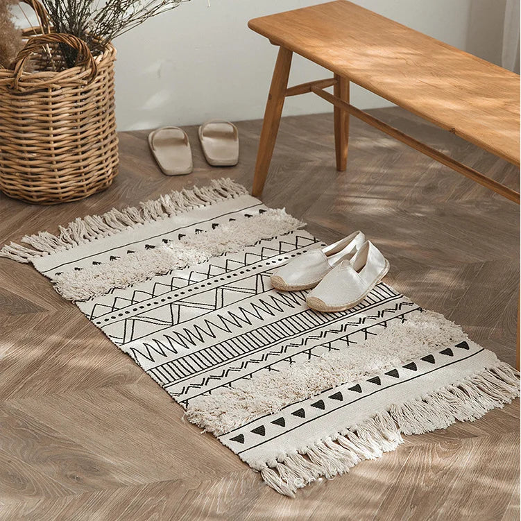 Nórdica Geo — Alfombra tufted de algodón con flecos (antideslizante)
